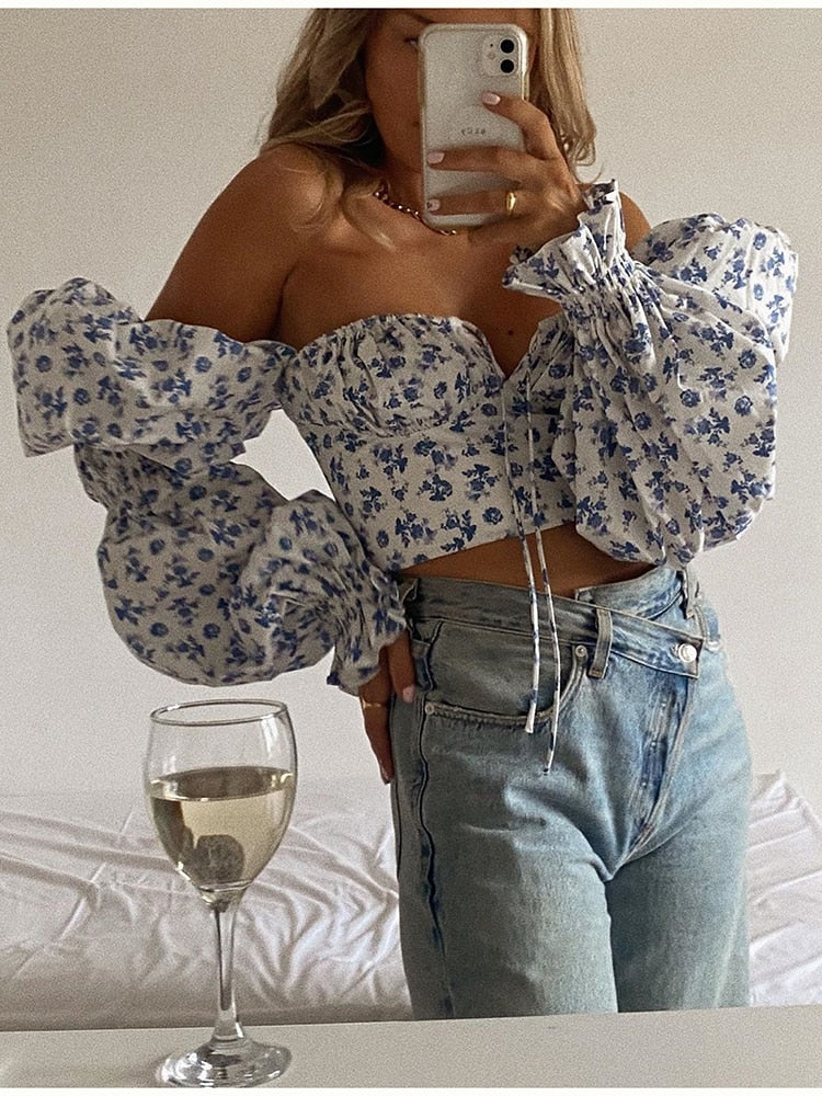 Floral Top White Sweet Square Neck Long Puff Sleeve Ruched Drawstring Crop Top Autumn Woman Party Blouse The Clothing Company Sydney