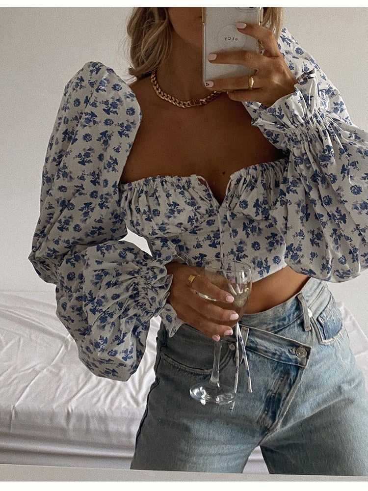 Floral Top White Sweet Square Neck Long Puff Sleeve Ruched Drawstring Crop Top Autumn Woman Party Blouse The Clothing Company Sydney