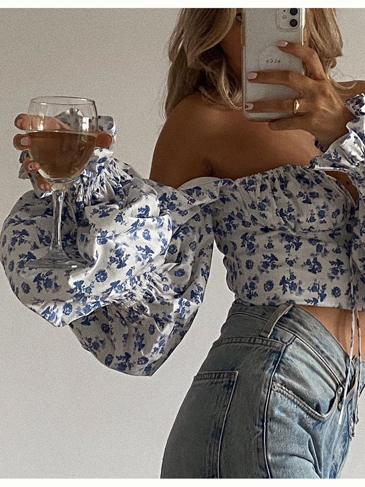 Floral Top White Sweet Square Neck Long Puff Sleeve Ruched Drawstring Crop Top Autumn Woman Party Blouse The Clothing Company Sydney