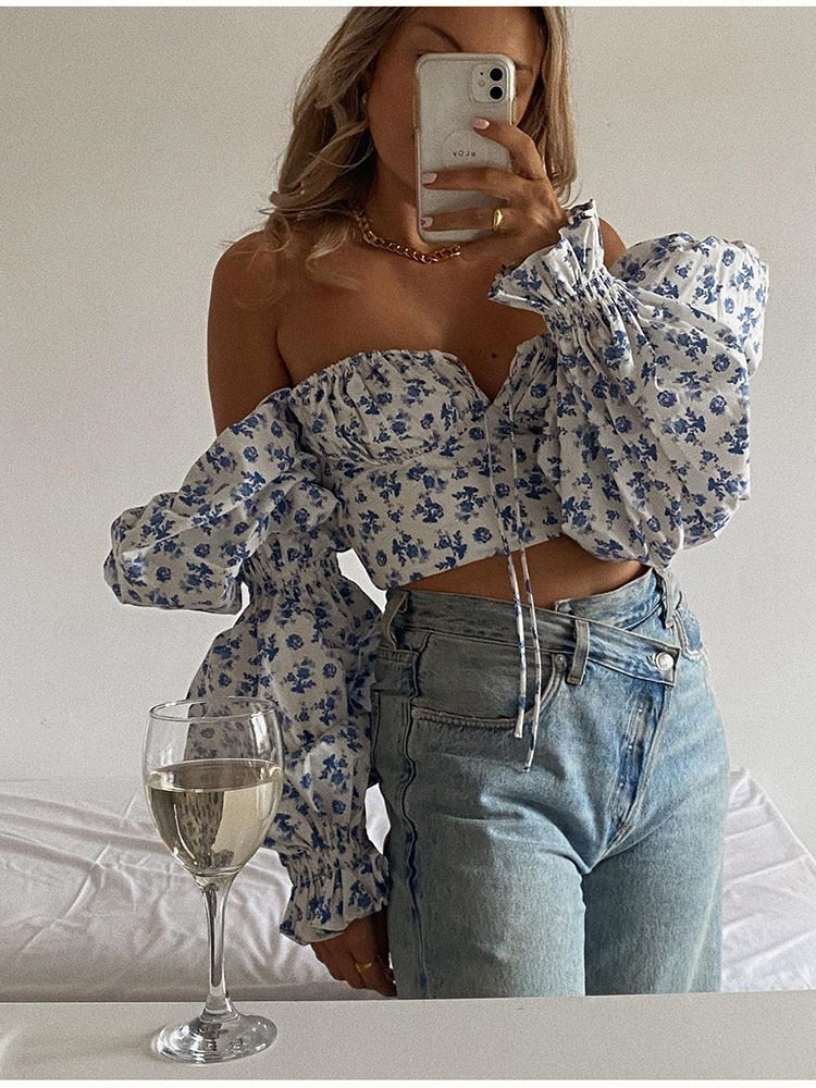 Floral Top White Sweet Square Neck Long Puff Sleeve Ruched Drawstring Crop Top Autumn Woman Party Blouse The Clothing Company Sydney