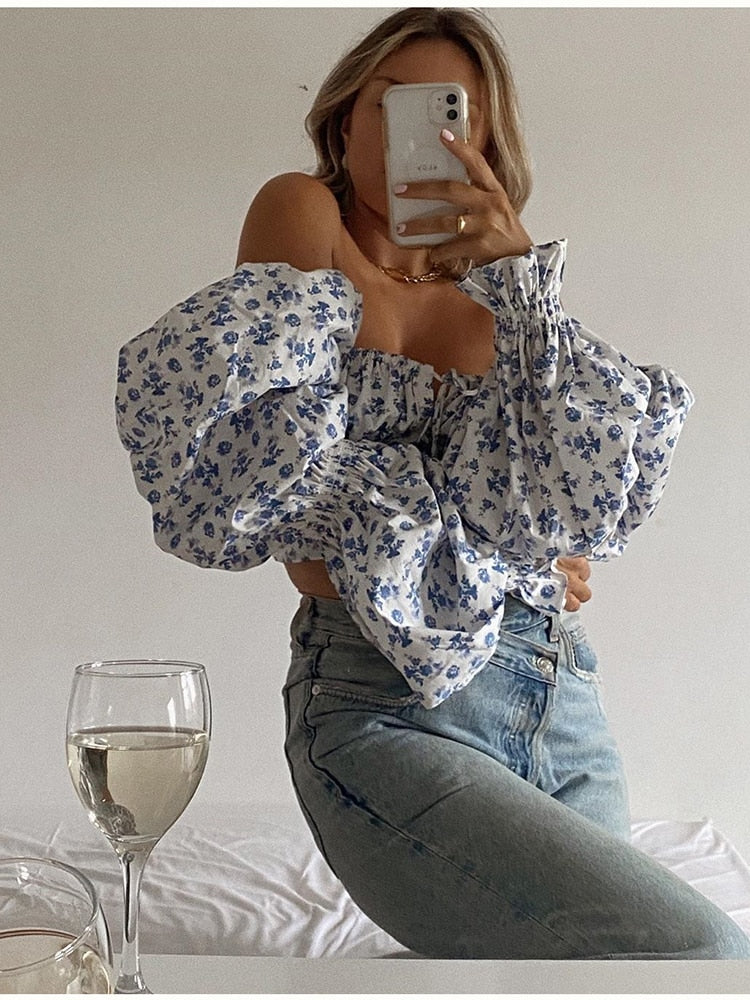 Floral Top White Sweet Square Neck Long Puff Sleeve Ruched Drawstring Crop Top Autumn Woman Party Blouse The Clothing Company Sydney