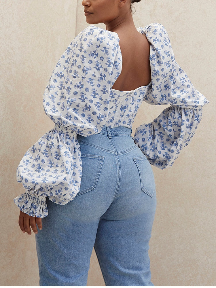 Floral Top White Sweet Square Neck Long Puff Sleeve Ruched Drawstring Crop Top Autumn Woman Party Blouse The Clothing Company Sydney