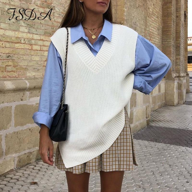 V Neck Sleeveless Sweater Vest Knitted Jumper Autumn Winter Split White Pullover Loose Over size Top The Clothing Company Sydney