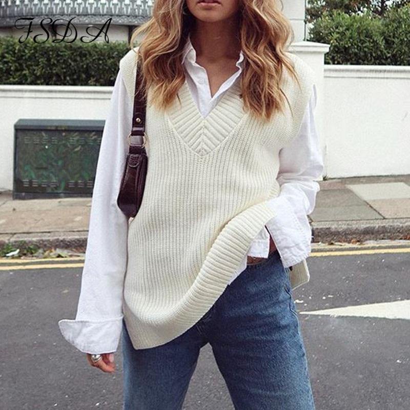 V Neck Sleeveless Sweater Vest Knitted Jumper Autumn Winter Split White Pullover Loose Over size Top The Clothing Company Sydney