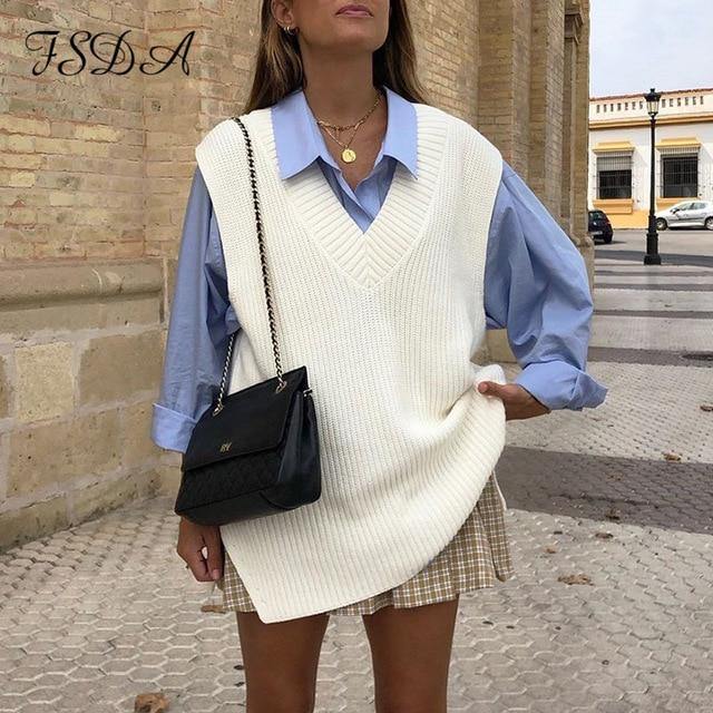 V Neck Sleeveless Sweater Vest Knitted Jumper Autumn Winter Split White Pullover Loose Over size Top The Clothing Company Sydney