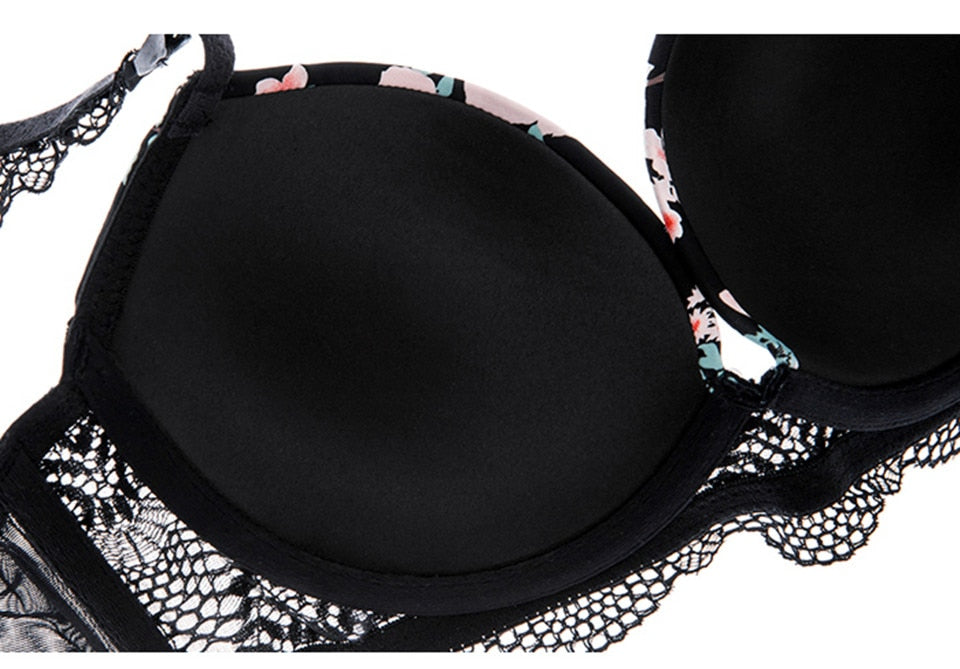 2 Piece Sexy Print Bra Lace Trim Floral Lingerie Push up Underwear Bow Bra and Hollow out Panties Set The Clothing Company Sydney