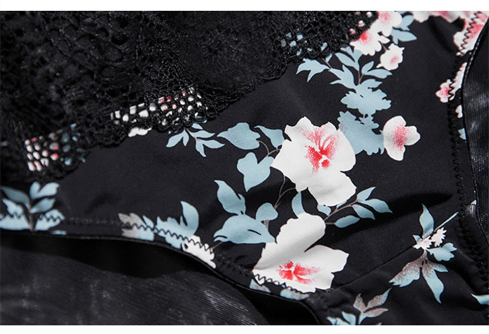 2 Piece Sexy Print Bra Lace Trim Floral Lingerie Push up Underwear Bow Bra and Hollow out Panties Set The Clothing Company Sydney