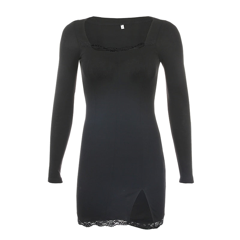 Square Neck Lace Patchwork Bodycon Black Elegant Cotton Fashion Side Split Mini Dress The Clothing Company Sydney