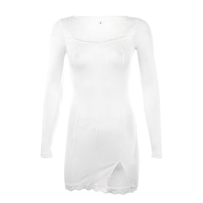 Square Neck Lace Patchwork Bodycon Black Elegant Cotton Fashion Side Split Mini Dress The Clothing Company Sydney