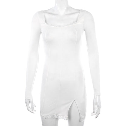 Square Neck Lace Patchwork Bodycon Black Elegant Cotton Fashion Side Split Mini Dress The Clothing Company Sydney