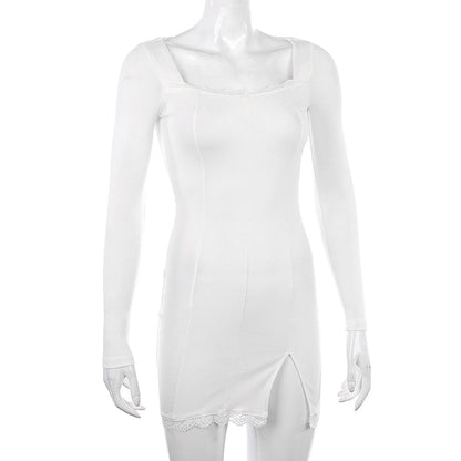 Square Neck Lace Patchwork Bodycon Black Elegant Cotton Fashion Side Split Mini Dress The Clothing Company Sydney