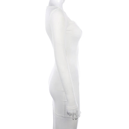 Square Neck Lace Patchwork Bodycon Black Elegant Cotton Fashion Side Split Mini Dress The Clothing Company Sydney