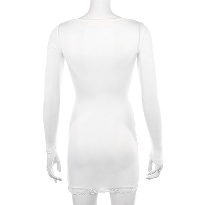 Square Neck Lace Patchwork Bodycon Black Elegant Cotton Fashion Side Split Mini Dress The Clothing Company Sydney