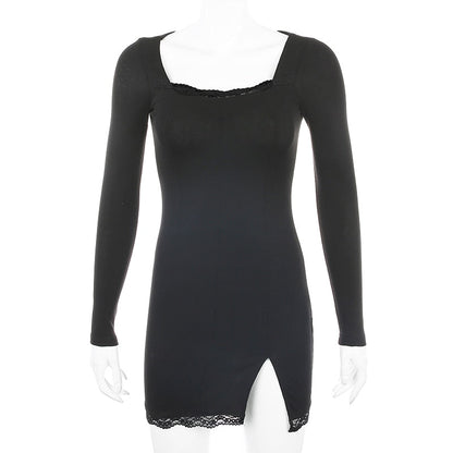 Square Neck Lace Patchwork Bodycon Black Elegant Cotton Fashion Side Split Mini Dress The Clothing Company Sydney