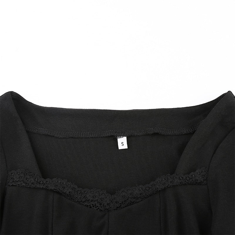Square Neck Lace Patchwork Bodycon Black Elegant Cotton Fashion Side Split Mini Dress The Clothing Company Sydney