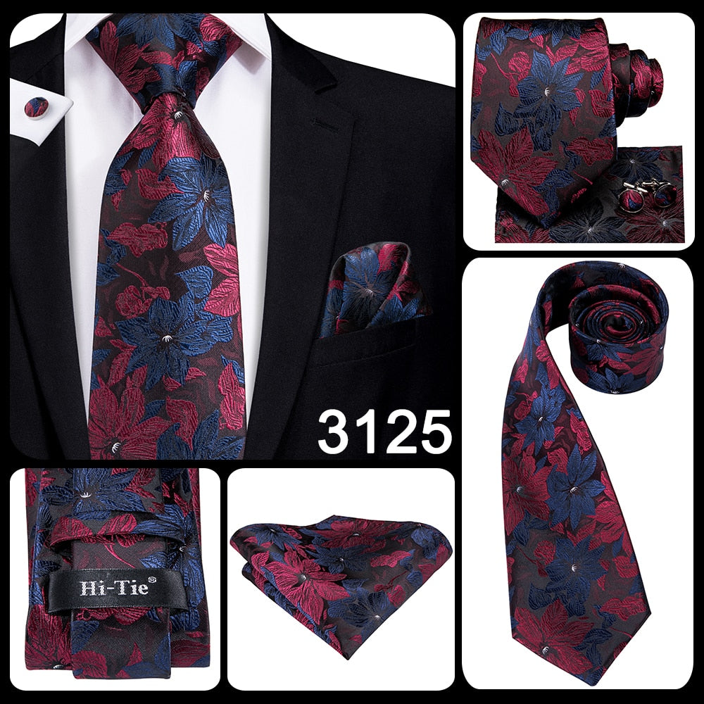 3 Piece 8.5cm Silk Men Floral Red Blue Neckties Classic Party Wedding Pocket Square Cufflinks Luxury Tie Set The Clothing Company Sydney