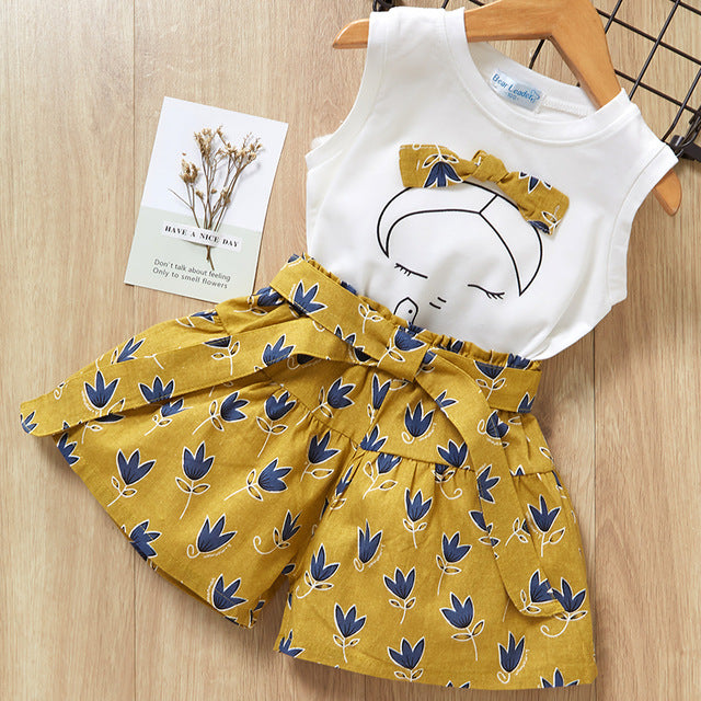 2 Piece Girls Clothing Sets New Summer Sleeveless T-shirt+Print Bow Skirt Shorts for Kids Clothing Sets Outfit The Clothing Company Sydney