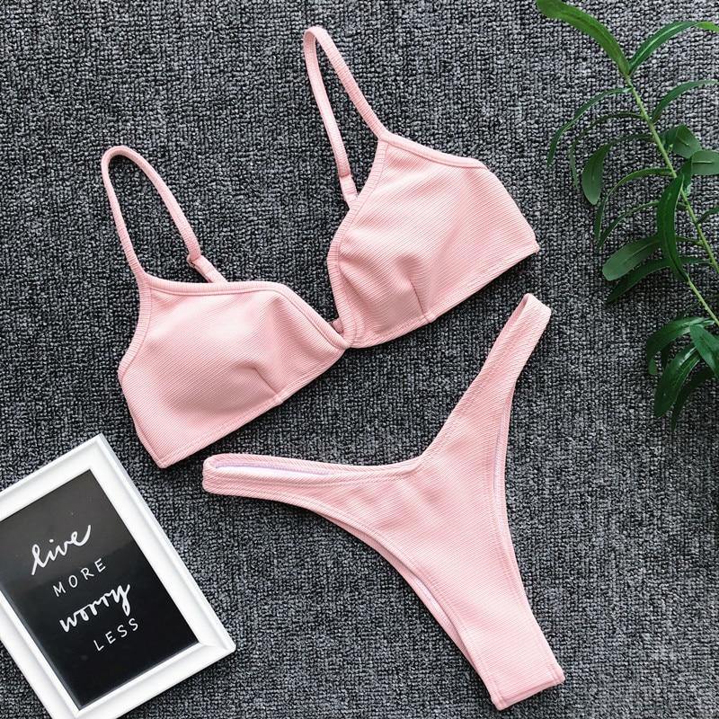 Solid V-neck Swimsuit Push Up Triangle Swimwear Summer Bandage Bathing Suit Brazilian Bikini Set The Clothing Company Sydney