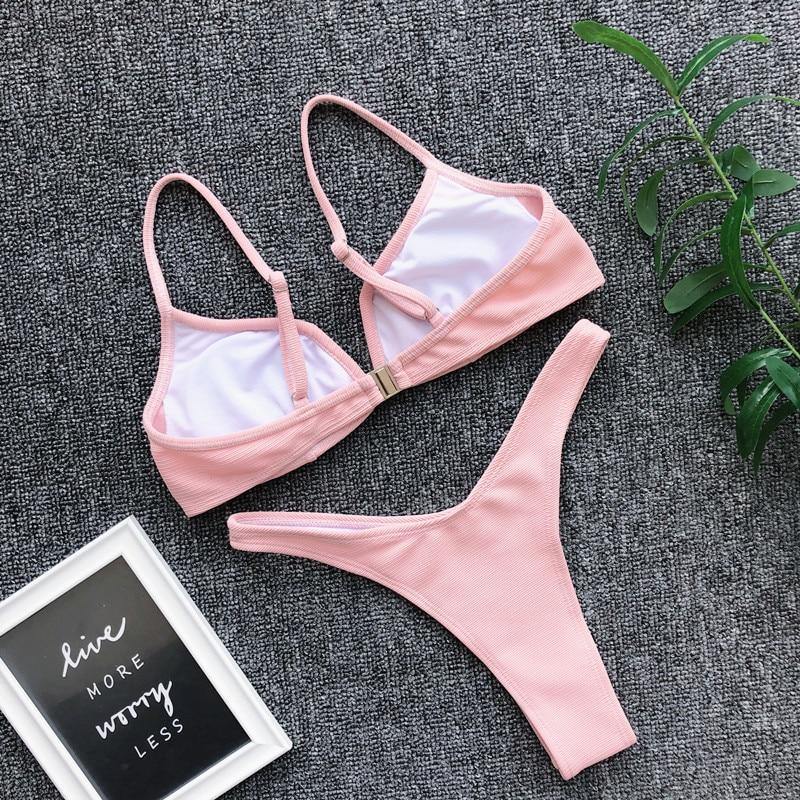 Solid V-neck Swimsuit Push Up Triangle Swimwear Summer Bandage Bathing Suit Brazilian Bikini Set The Clothing Company Sydney