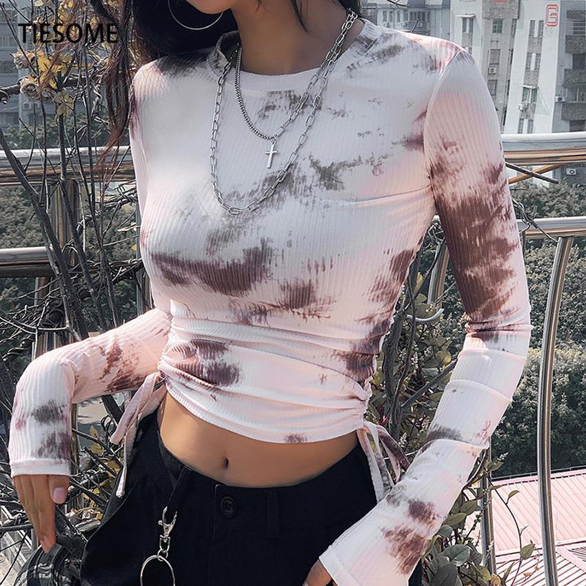 Tie Dye Print Tops Tee Bandage Long Sleeve Sexy Streetwear Summer Clothes Drawstring Slim T Shirt The Clothing Company Sydney