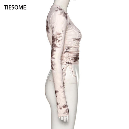 Tie Dye Print Tops Tee Bandage Long Sleeve Sexy Streetwear Summer Clothes Drawstring Slim T Shirt The Clothing Company Sydney