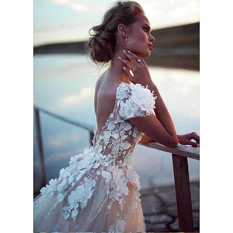 Champagne Boho Backless Princess Bridal Lace Appliques 3D Flowers