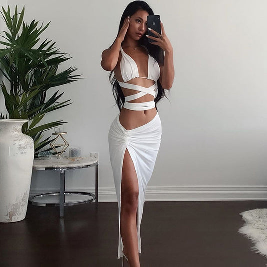 Strappy Cross Crop Top and Maxi Skirt Two Piece Cut Out White Irregular Club Wear Women 2 Piece Outfit Set The Clothing Company Sydney