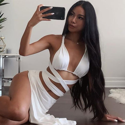 Strappy Cross Crop Top and Maxi Skirt Two Piece Cut Out White Irregular Club Wear Women 2 Piece Outfit Set The Clothing Company Sydney