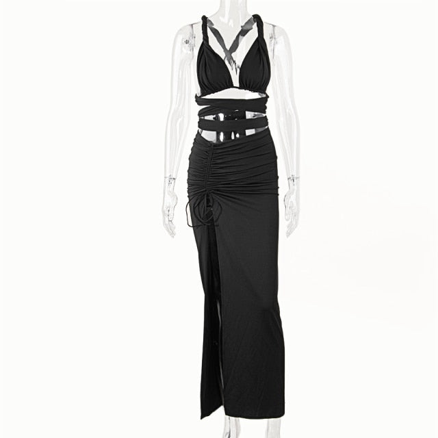 Strappy Cross Crop Top and Maxi Skirt Two Piece Cut Out White Irregular Club Wear Women 2 Piece Outfit Set The Clothing Company Sydney