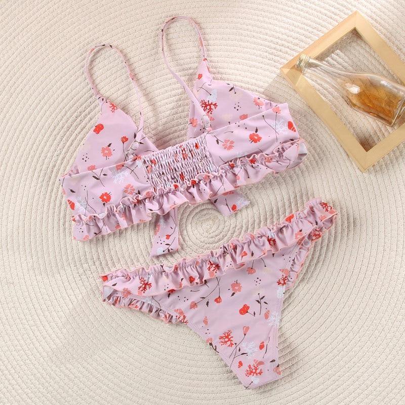 Deep V Neck Bikini Floral Print Swimsuit Bow Swimwear Lace Up Bikini Set The Clothing Company Sydney