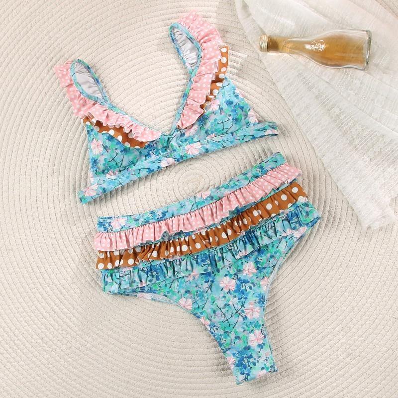 Deep V Neck Bikini Floral Print Swimsuit Bow Swimwear Lace Up Bikini Set The Clothing Company Sydney