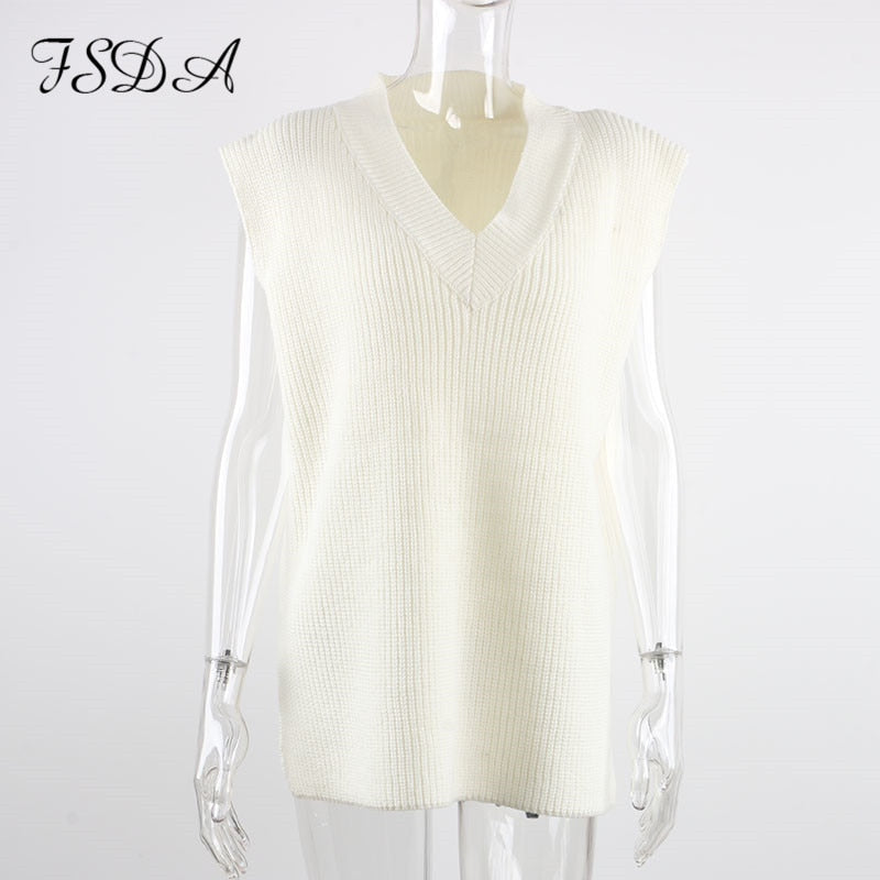 V Neck Sleeveless Sweater Vest Knitted Jumper Autumn Winter Split White Preppy Pullover Loose Top The Clothing Company Sydney