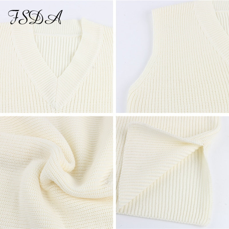 V Neck Sleeveless Sweater Vest Knitted Jumper Autumn Winter Split White Preppy Pullover Loose Top The Clothing Company Sydney