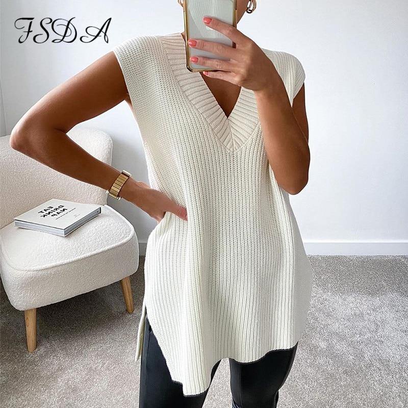 V Neck Sleeveless Sweater Vest Knitted Jumper Autumn Winter Split White Pullover Loose Over size Top The Clothing Company Sydney