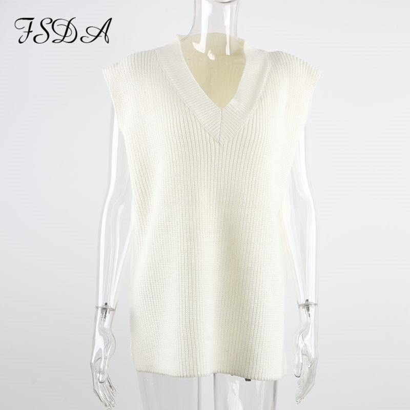 V Neck Sleeveless Sweater Vest Knitted Jumper Autumn Winter Split White Pullover Loose Over size Top The Clothing Company Sydney