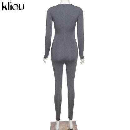 Solid black/gray long sleeve skiing  jumpsuit women elastic hight outfit fashion fitness sportwear slim rompers streetwear The Clothing Company Sydney