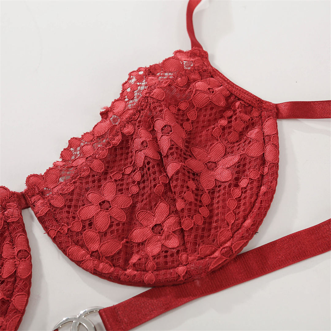 2 Piece Red Floral Embroidery Underwear Bra Panties Lace Lingerie Set Sexy See Through Bra Thong The Clothing Company Sydney