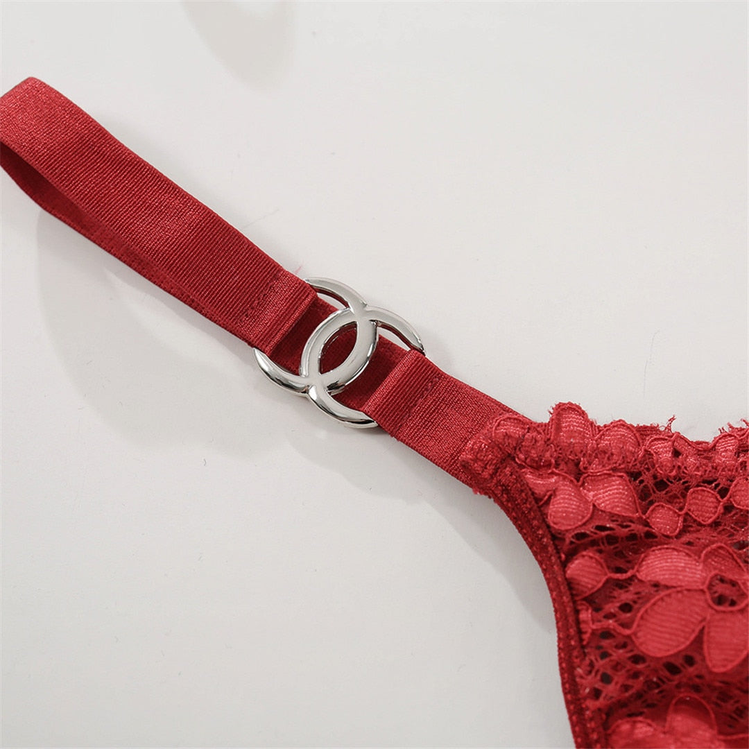 2 Piece Red Floral Embroidery Underwear Bra Panties Lace Lingerie Set Sexy See Through Bra Thong The Clothing Company Sydney