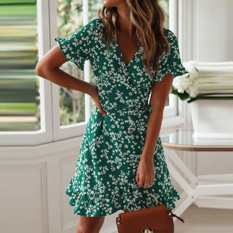 V Neck Floral Print Boho Beach Dress Ruffle Short Sleeve A Line Mini Suumer Sundress Robe Dress The Clothing Company Sydney