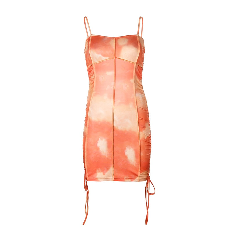 Spaghetti Strap Tie Dye Ruched Summer Drawstring Patchwork Bodycon Club Party Dress The Clothing Company Sydney