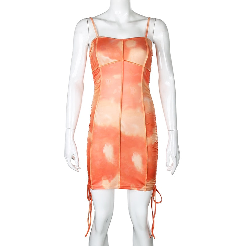 Spaghetti Strap Tie Dye Ruched Summer Drawstring Patchwork Bodycon Club Party Dress The Clothing Company Sydney