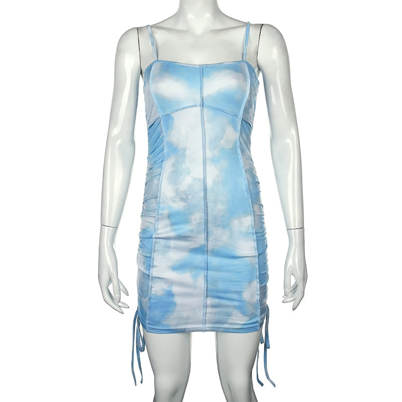 Spaghetti Strap Tie Dye Ruched Summer Drawstring Patchwork Bodycon Club Party Dress The Clothing Company Sydney