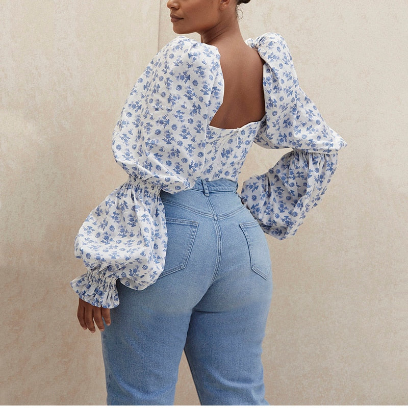 Floral Top White Sweet Square Neck Long Puff Sleeve Ruched Drawstring Crop Top Autumn Woman Party Blouse The Clothing Company Sydney