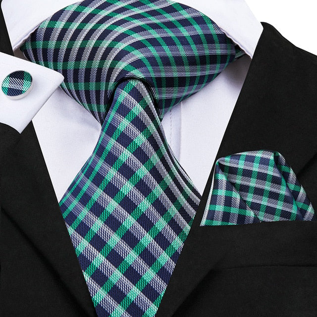 3 Piece Fashion Business Black Plaid 100% Silk Men's Neck Tie 8.5cm Formal Luxury Cufflinks Pocket Square Wedding Set The Clothing Company Sydney
