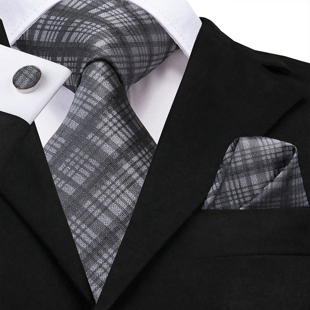 3 Piece Fashion Business Black Plaid 100% Silk Men's Neck Tie 8.5cm Formal Luxury Cufflinks Pocket Square Wedding Set The Clothing Company Sydney