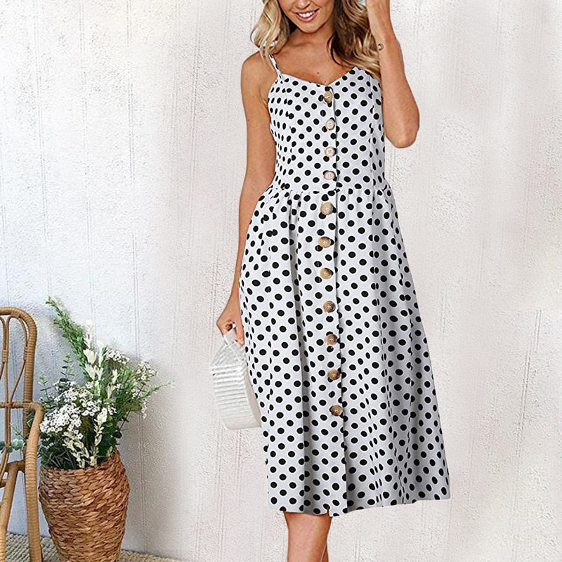 Vintage Casual Sundress Beach Midi Button Backless Polka Dot Striped Summer Boho Sexy Floral Dress The Clothing Company Sydney