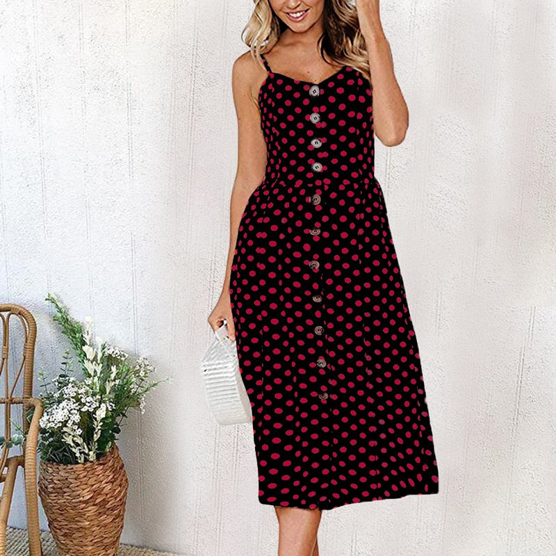 Vintage Casual Sundress Beach Midi Button Backless Polka Dot Striped Summer Boho Sexy Floral Dress The Clothing Company Sydney