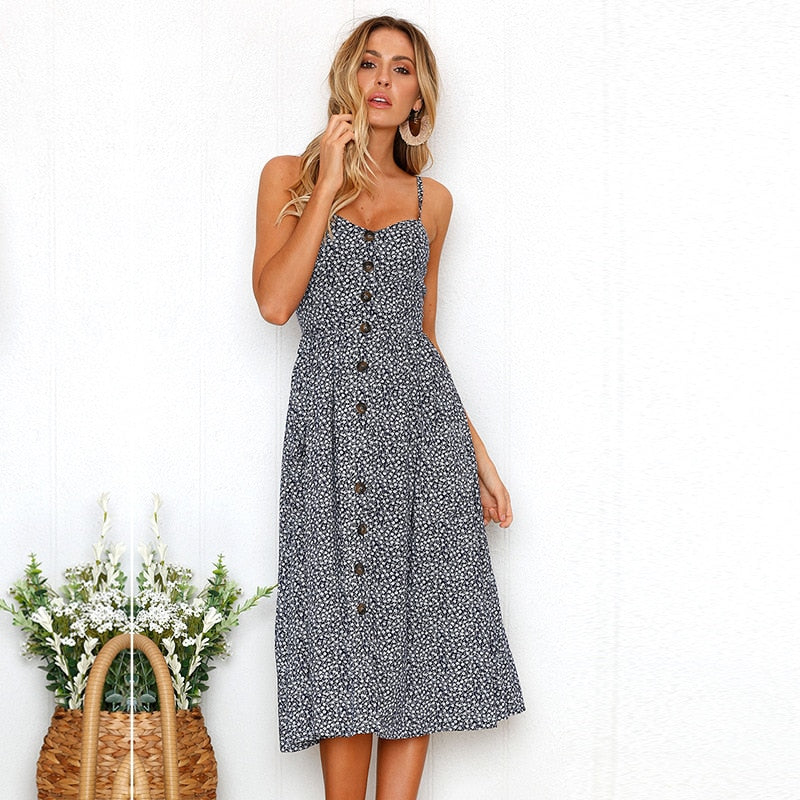 Vintage Casual Sundress Beach Midi Button Backless Polka Dot Striped Summer Boho Sexy Floral Dress The Clothing Company Sydney