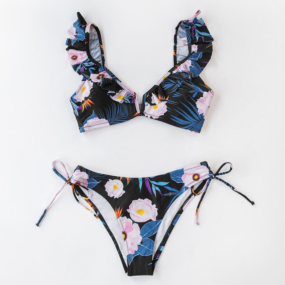 Black Floral Ruffled V-neck Bikini Sets Swimsuit Lace Up Two Pieces Swimwear Beach Bathing Suits The Clothing Company Sydney