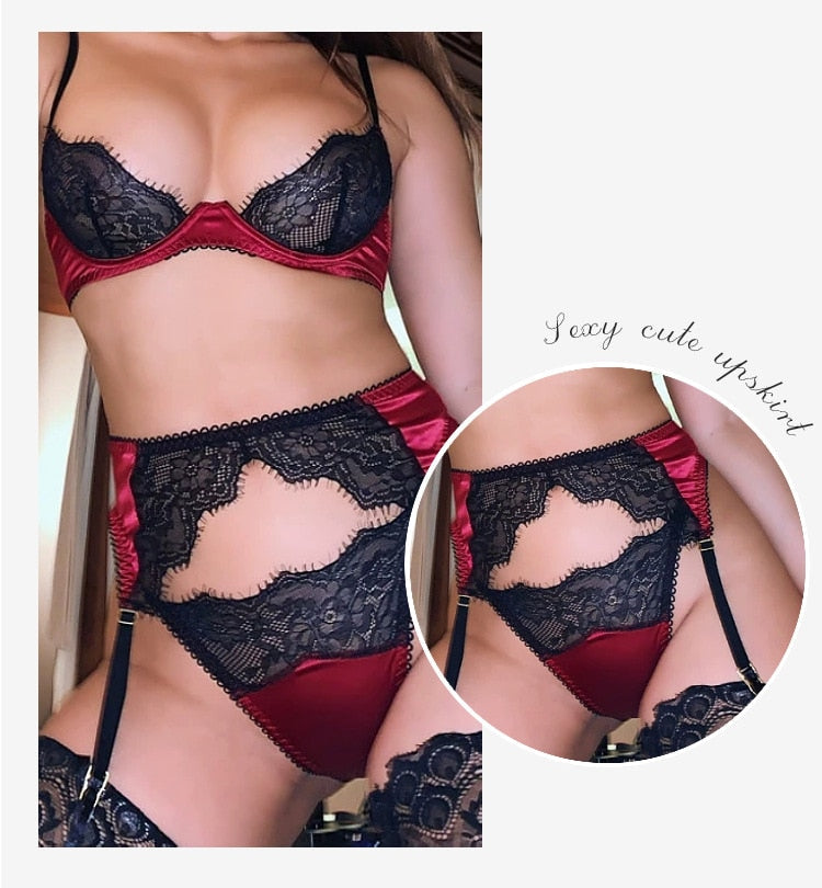 3 Piece Underwear Sexy Bra Panties Garter Sets Push Up Lace Lingerie Satin Fabric Bra Set The Clothing Company Sydney